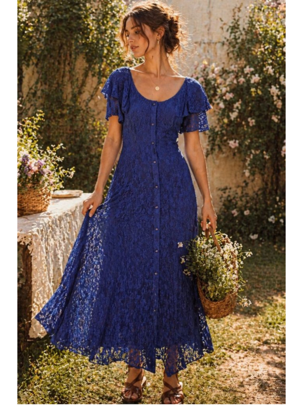All That Jazz Vintage Blue Lace Midi Dress Cottagecore Coquette Flutter Sleeve